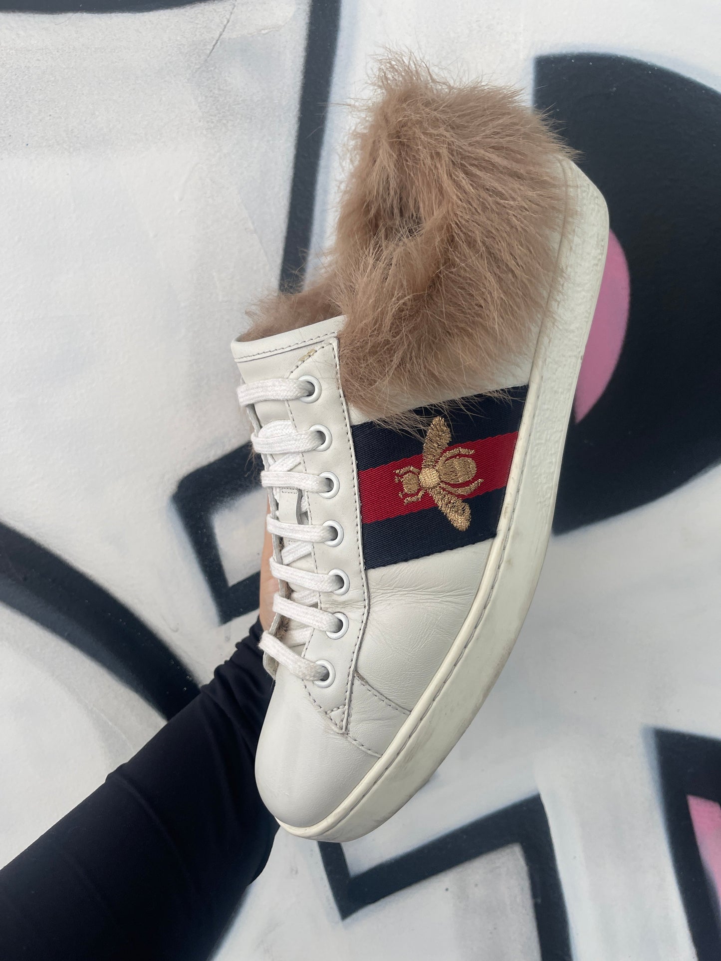 Gucci White Navy Red Fur Ace Sneakers