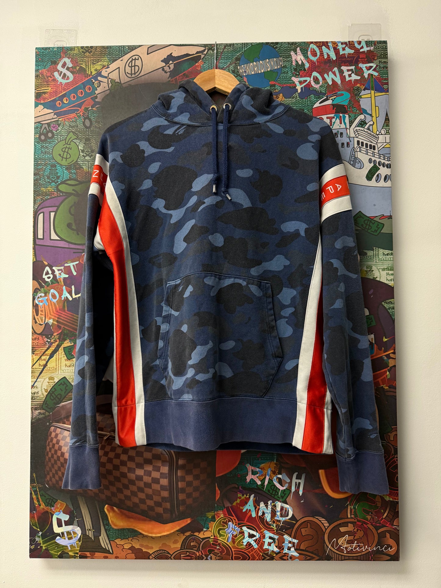 BAPE Blue Camo Orange Arm Logo Hoodie
