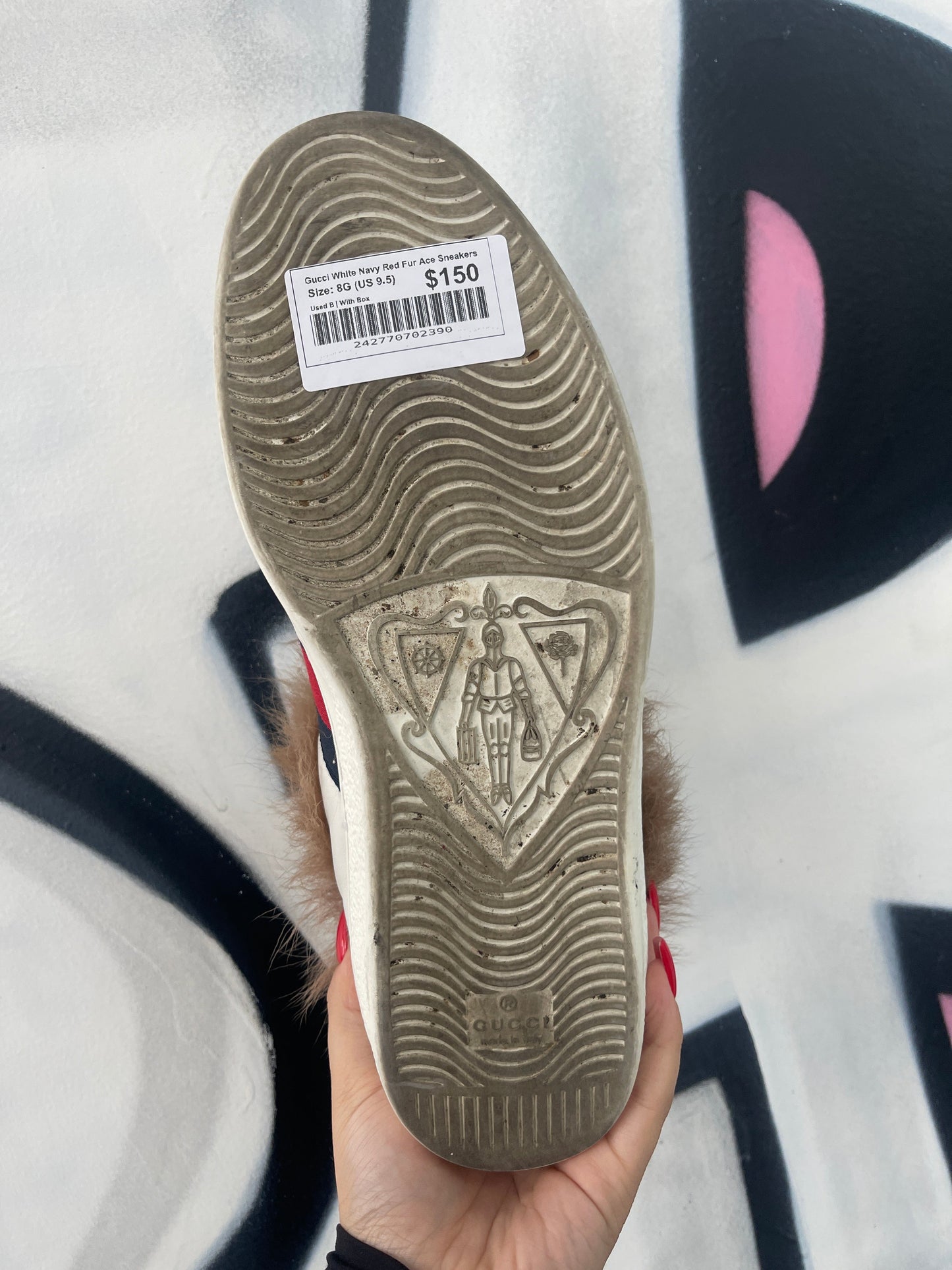 Gucci White Navy Red Fur Ace Sneakers