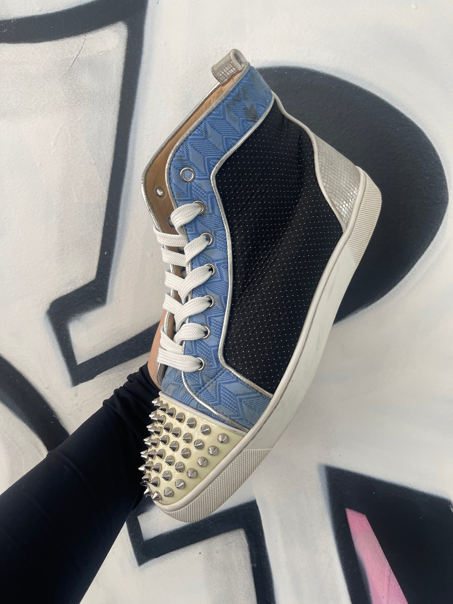 Christian Louboutin White Blue Black Spike Sneakers