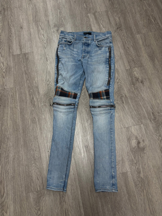Amiri MX2 Light Wash Blue Orange Plaid Patch Jeans